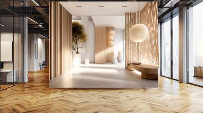 Minimalist interior design of modern rustic entrance hall with with abstract wooden room divider. Created with generative AI Wall mural