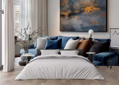 Minimalist interior design of modern stylish living room featuring a blue velvet sofa, modern abstract art, and soft neutral decor in a bright space. Wall mural