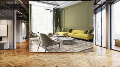 Modern interior design of cozy apartment, living room with yellow sofa, beige armchairs. Room with big window. 3d rendering Wall mural