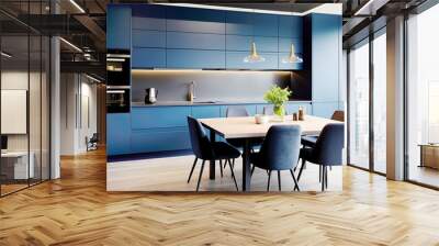 Modern interior design of vibrant dark blue kitchen with dining table and chairs. Wall mural