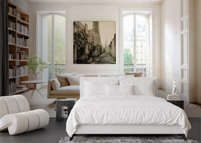 Parisian minimalist interior design of modern living room, home. Sofa and bookcase on parquet floor against french windows in room with white classic paneling walls. Wall mural