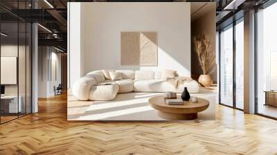 Round accent wooden coffee table against beige fabric corner stylish sofa. Minimalist luxury home interior design of modern living room. Wall mural