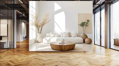 Round coffee table near white sofa against blank wall with copy space. Minimalist cozy home interior design of modern living room. Wall mural