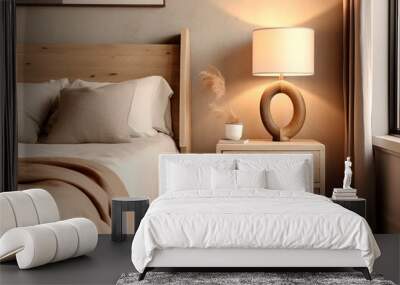 Rustic bedside cabinet near bed with beige pillows. Farmhouse interior design of modern bedroom. Wall mural