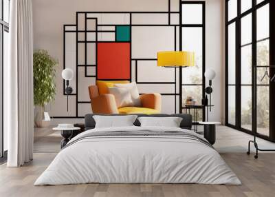 Suprematism style interior design of modern living room with abstract geometric colorful shapes. Created with generative AI Wall mural