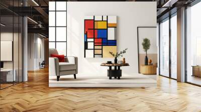 Suprematism style interior design of modern living room with abstract geometric colorful shapes. Created with generative AI Wall mural