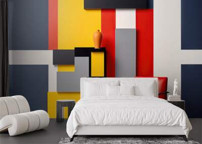 Suprematism style interior design of modern living room with armchair and wall with abstract geometric shapes. Created with generative AI Wall mural