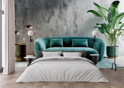 Teal velvet sofa against blank concrete wall with copy space. Minimalist interior design of modern living room. Wall mural