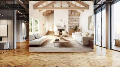 Vaulted ceiling in room with two white sofas and armchairs. Interior design of modern living room with timber beams. Created with generative AI Wall mural