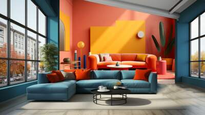 Vibrant sofa in room with abstract geometric shapes. Postmodern memphis style interior design of modern living room. Created with generative AI Wall mural