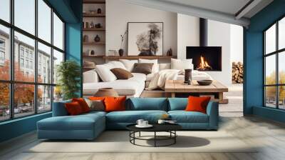 White corner sofa near fireplace. Scandinavian home interior design of modern living room. Wall mural