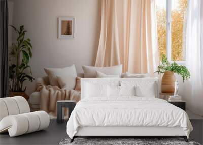 White cushions and cream color blanket on white sofa against of window. Scandinavian style interior design of modern living room, soft pastel colors. Created with generative AI Wall mural