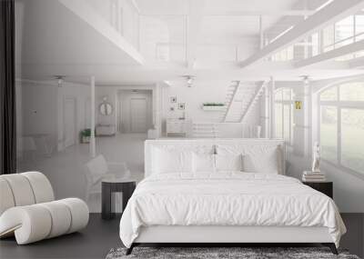 white loft interior panorama 3d rendering Wall mural