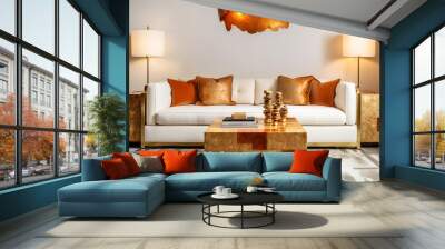 White sofa with terra cotta cushions and golden side tables. Art deco style interior design of modern living room. Created with generative AI Wall mural