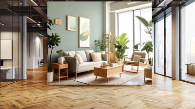 Wooden coffee table and lounge chair near gray sofa against green wall. Scandinavian home interior design of modern living room. Wall mural