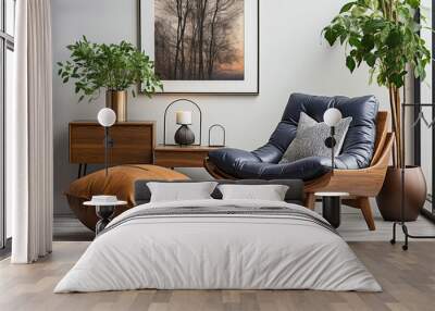 Wooden recliner chair with blue leather cushion near cabinet and side table against white wall with poster frame. Scandinavian or mid-century interior design of modern living room. Generative AI Wall mural