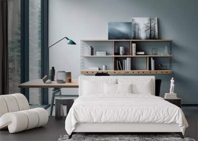 Workplace with wooden desk and two black chairs against of grey wall with shelving rack. Interior design of modern scandinavian home office. Created with generative AI Wall mural