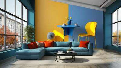 Yellow chair and blue coffee table against wall with copy space. Interior design of modern living room. Created with generative AI technology. Wall mural