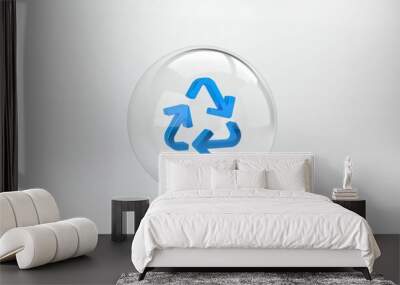 Blue Recycle symbol icon isolated on grey background. Circular arrow icon. Environment recyclable go green. Glass circle button. 3D render illustration Wall mural