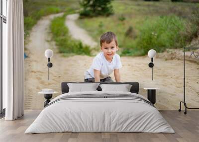 Child playing on a sandy path amidst green scenery. A young boy enjoys playing in the sand of a winding path, smiling in a natural outdoor setting with grass and trees. Wall mural