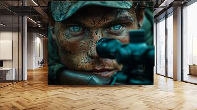 Close-up portrait of man in camouflage and hat with sniper rifle Wall mural