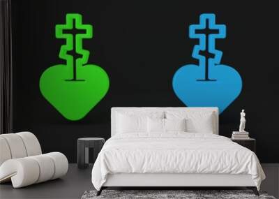 Colorful Religious cross in the heart inside icon isolated on black background. Love of God, Catholic and Christian symbol. People pray. Minimalism concept. 3D render illustration Wall mural