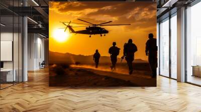 Desert military man walking. Soldiers with weapons moving by desert storm. Generative AI. Wall mural