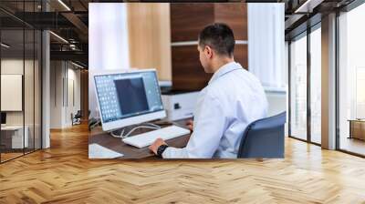 Doctor at his desk with laptop computer. Modern hospital office. Photo from the back. Results on screen. Wall mural