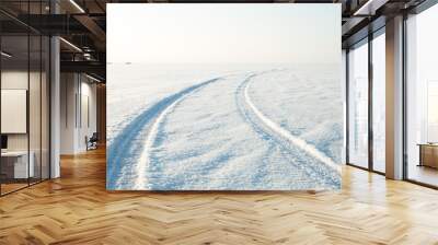 snow desert and the tracks of the car in the snow Wall mural