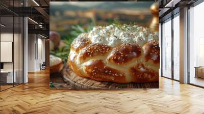 Freshly baked challah with sour cream on wooden table Wall mural