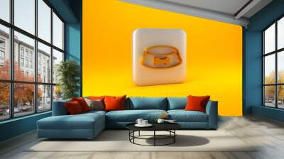 Gold Pet food bowl for cat or dog icon isolated on yellow background. Dog or cat paw print. Silver square button. 3D render illustration Wall mural