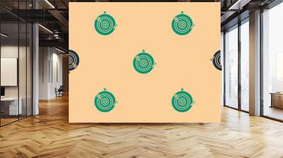 Green and black Classic dart board and arrow icon isolated seamless pattern on beige background. Dartboard sign. Game concept. Vector Illustration Wall mural