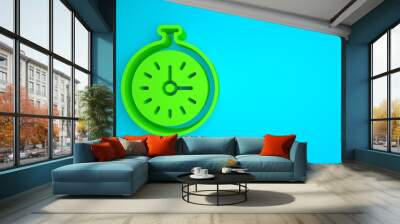 Green Pocket watch icon isolated on blue background. Minimalism concept. 3D render illustration Wall mural