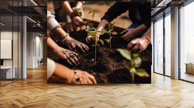 Group of people planting the green young sprouts of trees. Gardeners working together, saving planet. Generative AI. Wall mural