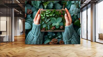 Hands holding a nature-inspired arrangement with leaves and pine cones. A pair of hands cradles a wooden box filled with greenery and pine cones Wall mural