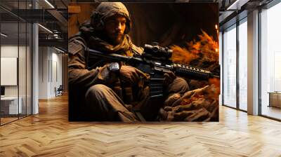 Handsome mid-aged man wearing military uniform sits holding a gun. US army soldier on a mission. Wall mural