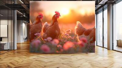 Hens roam freely in field at sunset. Group of chickens stand in a field during sunset Wall mural