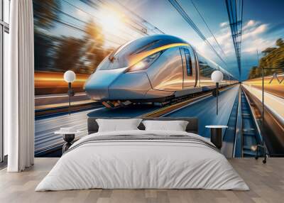 High speed magnetic levitation train rushing against the city background Wall mural