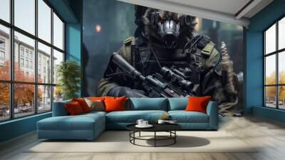 Horrific wolverine soldier with guns and armor. Futuristic new species warrior with animal head. Generative AI. Wall mural