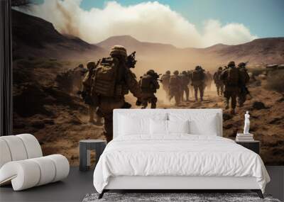 Infantry troops on a mission in the desert. Rear view of a military forces patrolling the area. Generative AI. Wall mural