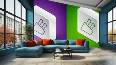 Isometric line Knife icon isolated on purple and green background. Cutlery symbol. Silver square button. Vector Wall mural