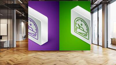 Isometric line Motor gas gauge icon isolated on purple and green background. Empty fuel meter. Full tank indication. Silver square button. Vector Wall mural