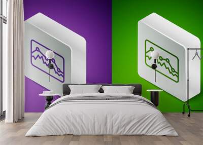 Isometric line Music wave equalizer icon isolated on purple and green background. Sound wave. Audio digital equalizer technology, console panel, pulse musical. Silver square button. Vector Wall mural