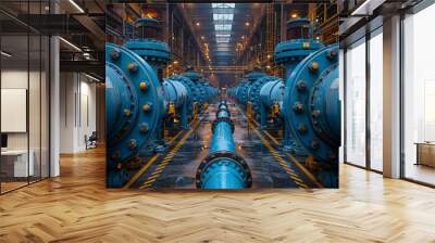 Large metal pipes and blue water tanks in power plant Wall mural