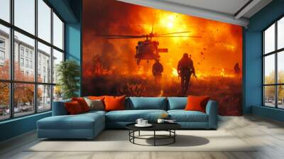 Military helicopter and soldiers in the smoke and fire Wall mural