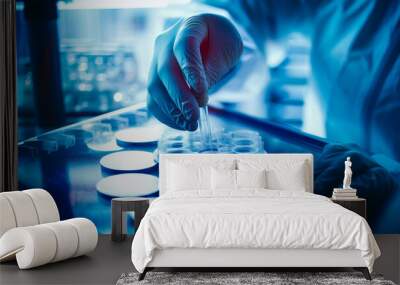 Modern blue background laboratory. Researching medical scientific technology. Generative AI. Wall mural