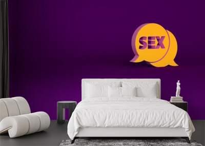 Orange Speech bubble with text Sex icon isolated on purple background. Adults content only icon. Minimalism concept. 3d illustration 3D render. Wall mural