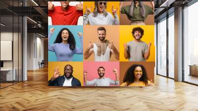 Crowded screen with diverse lucky people celebrating victory, best deal, good news or received unexpected good news, screaming yes, showing thumbs up, likes, ok gesture Wall mural