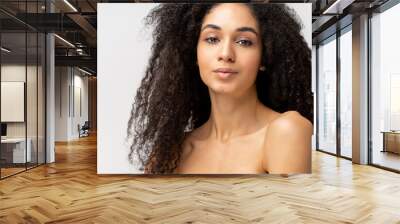 Horizontal portrait of fascinating attractive woman looking at the camera over white background. Calm serene lady gently posing at the studio Wall mural