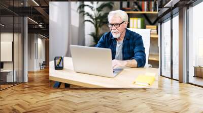 Mature gray-haired man using laptop computer sitting at home office Wall mural